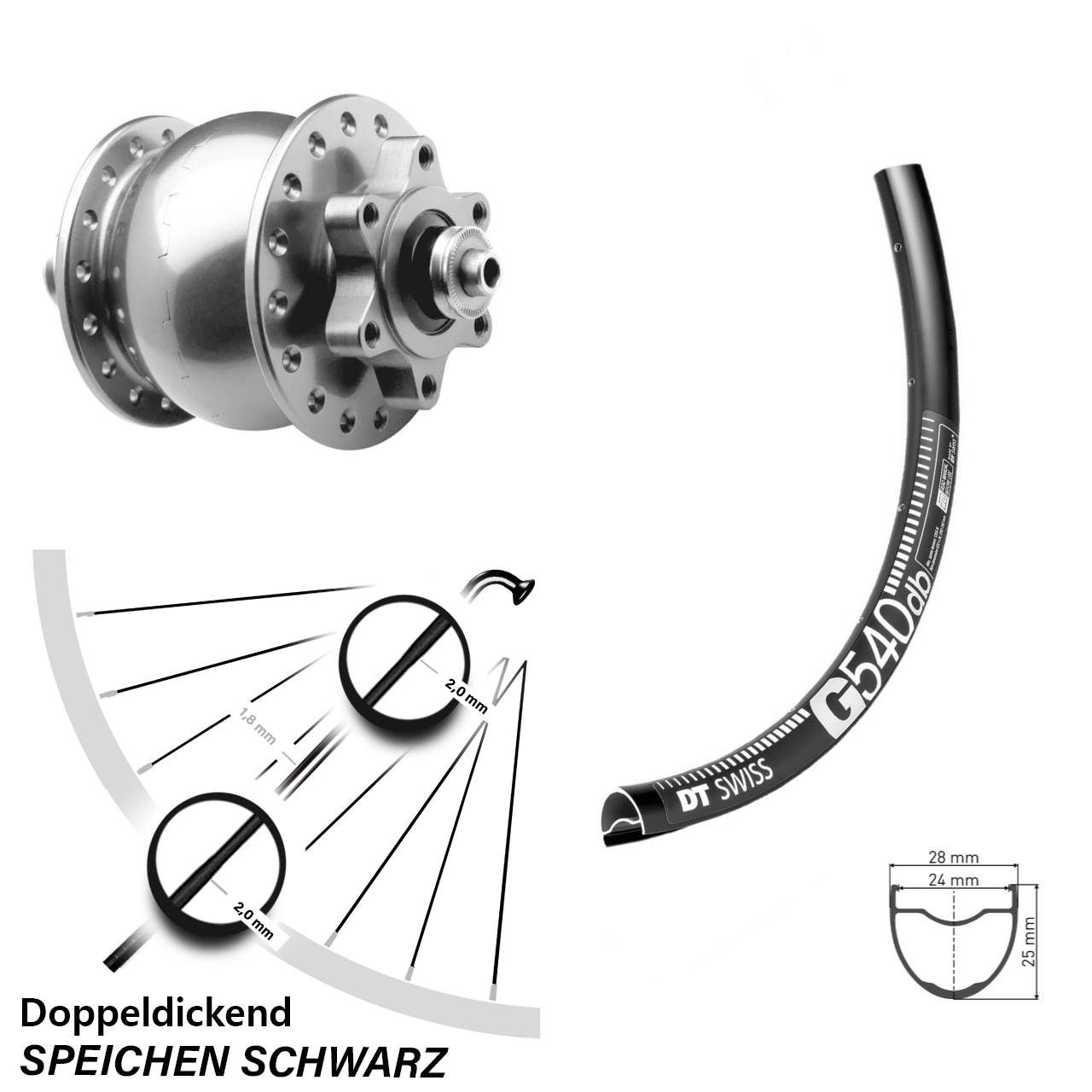 Disc Laufrad mit Nabendynamo 27,5 Zoll DT Swiss G540 SON 28 für Schnellspanner