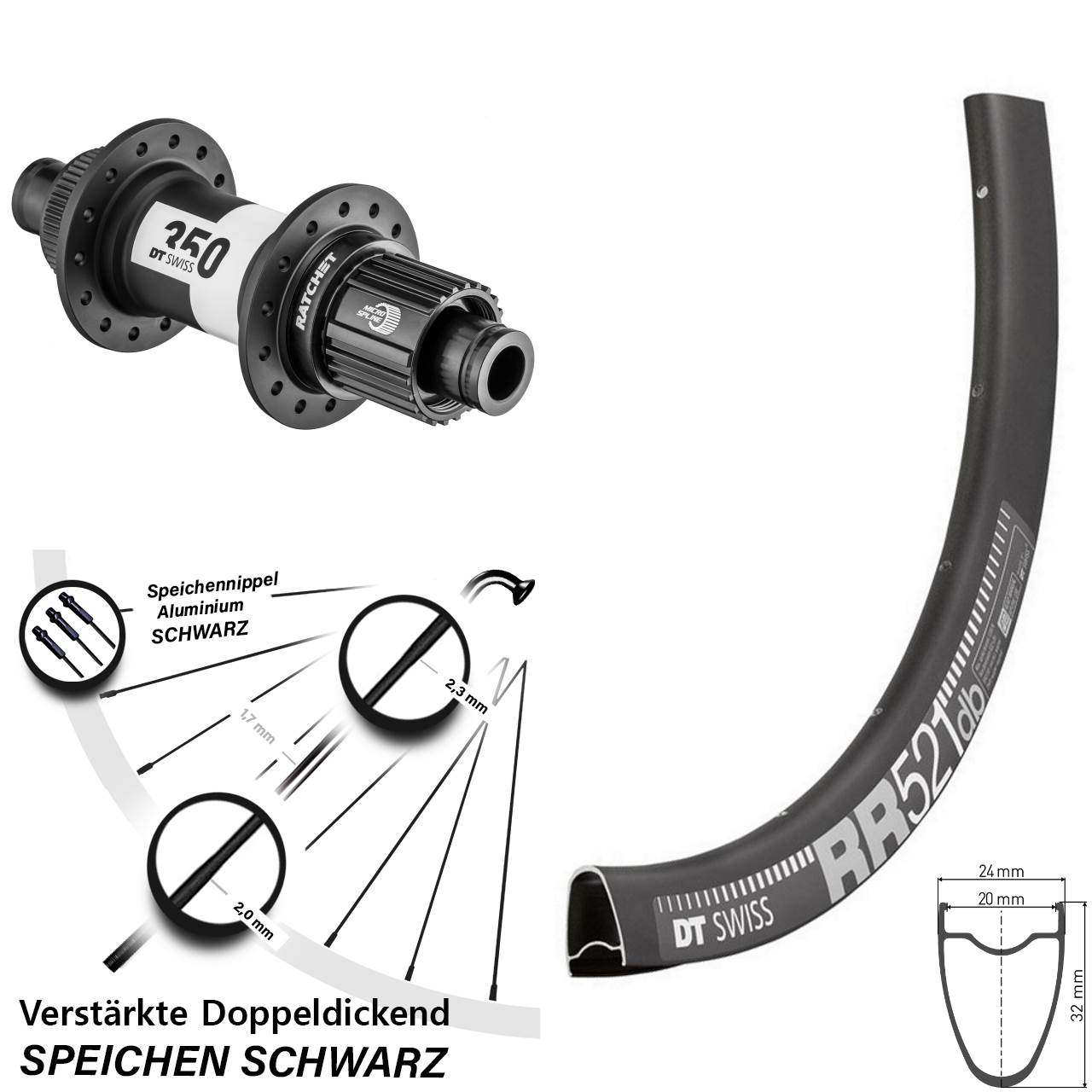 DT Swiss RR 521 DT Swiss 350 Ratchet 36 28 Zoll Disc Hinterrad 12x148 Boost Micro Spline