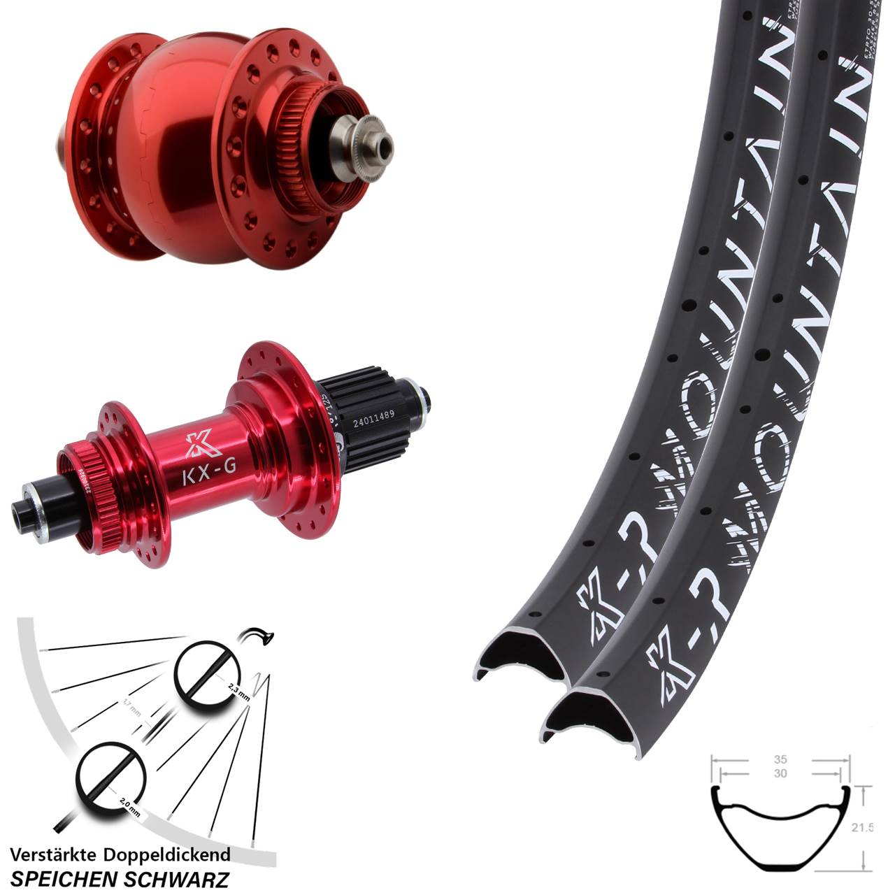 27,5 Zoll KX-GR Mountain SONdelux rot Centerlock Laufradsatz QR Shimano Micro Spline