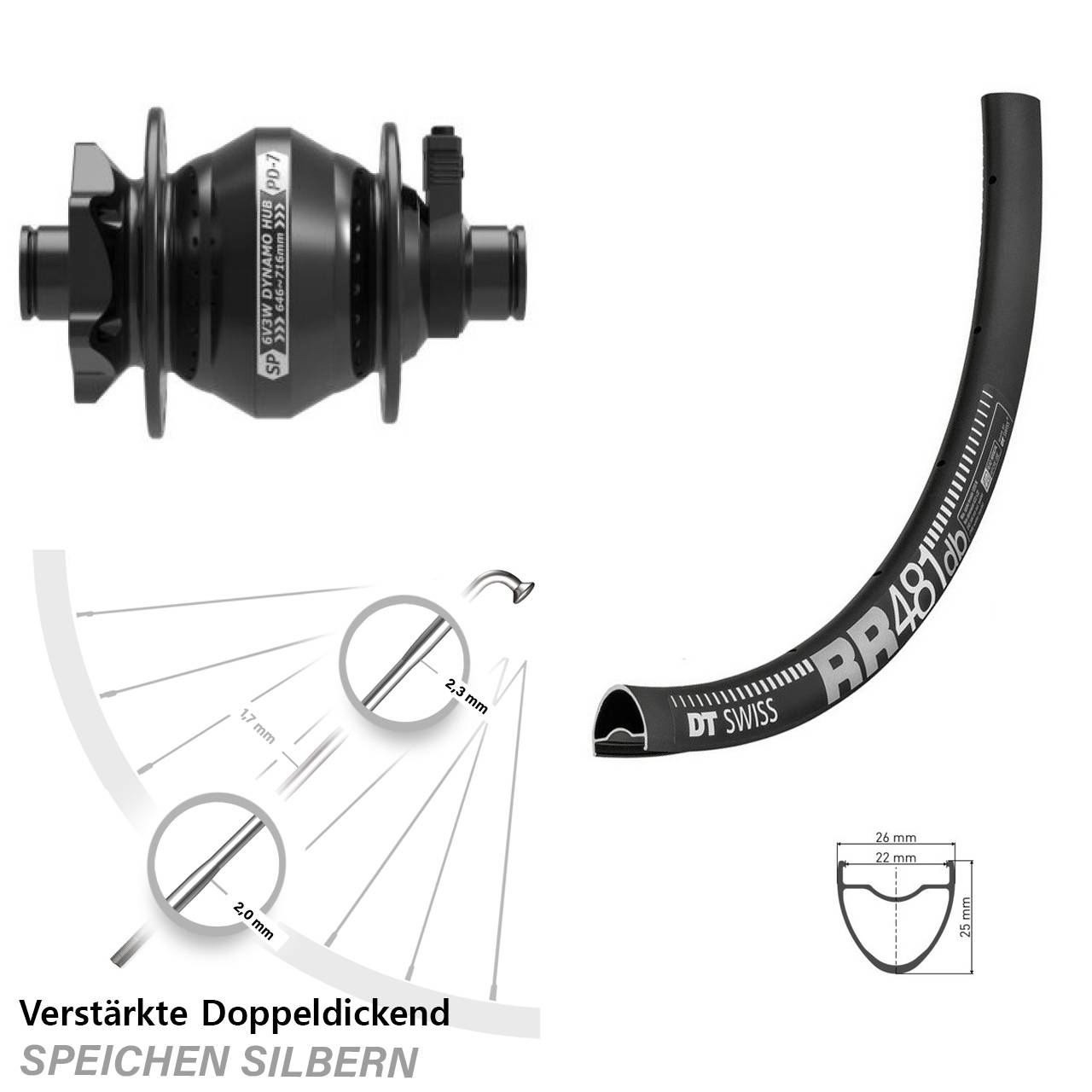 Nabendynamovorderrad 6-Loch 12x100 28 Zoll DT Swiss RR 481 Shutter PD-7