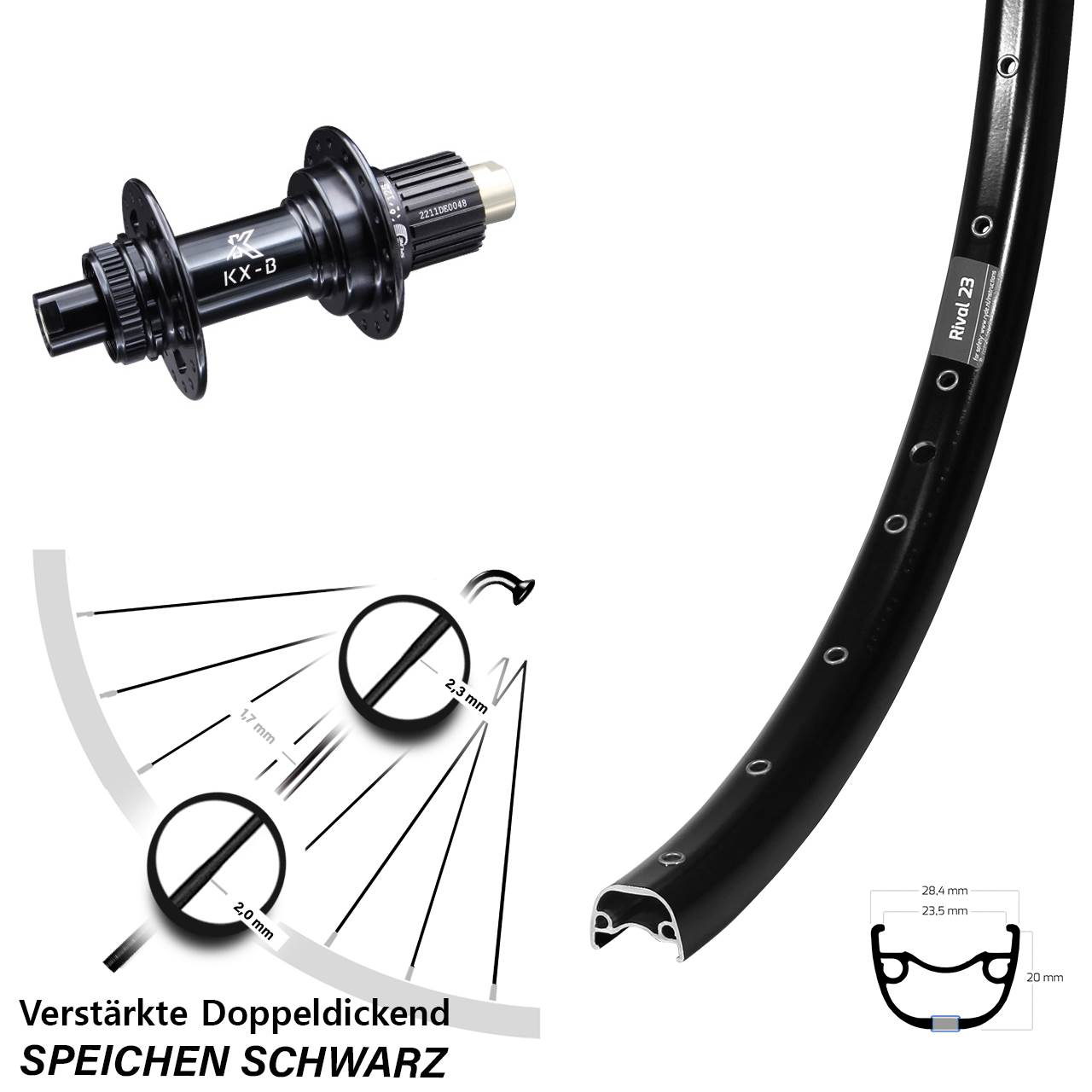Hinterrad 27,5 Zoll Ryde Rival 23 schwarz KX-B Boost Centerlock Micro Spline