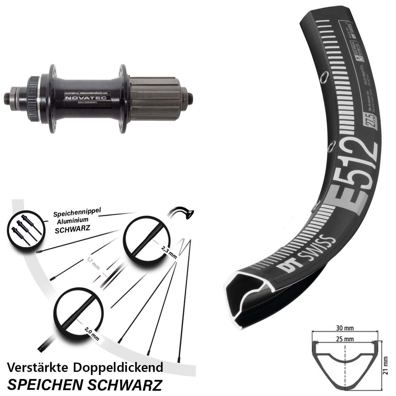 DT Swiss E 512 Novatec D472 650B Centerlock Hinterrad für Schnellspanner 8-12 fach HG