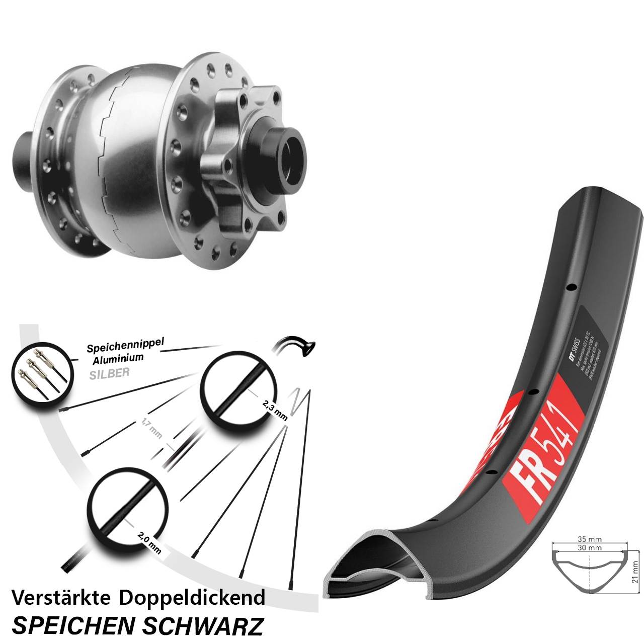 6-Loch Dynamo-Vorderrad 27,5 Zoll DT Swiss FR541 SON 28 15x100