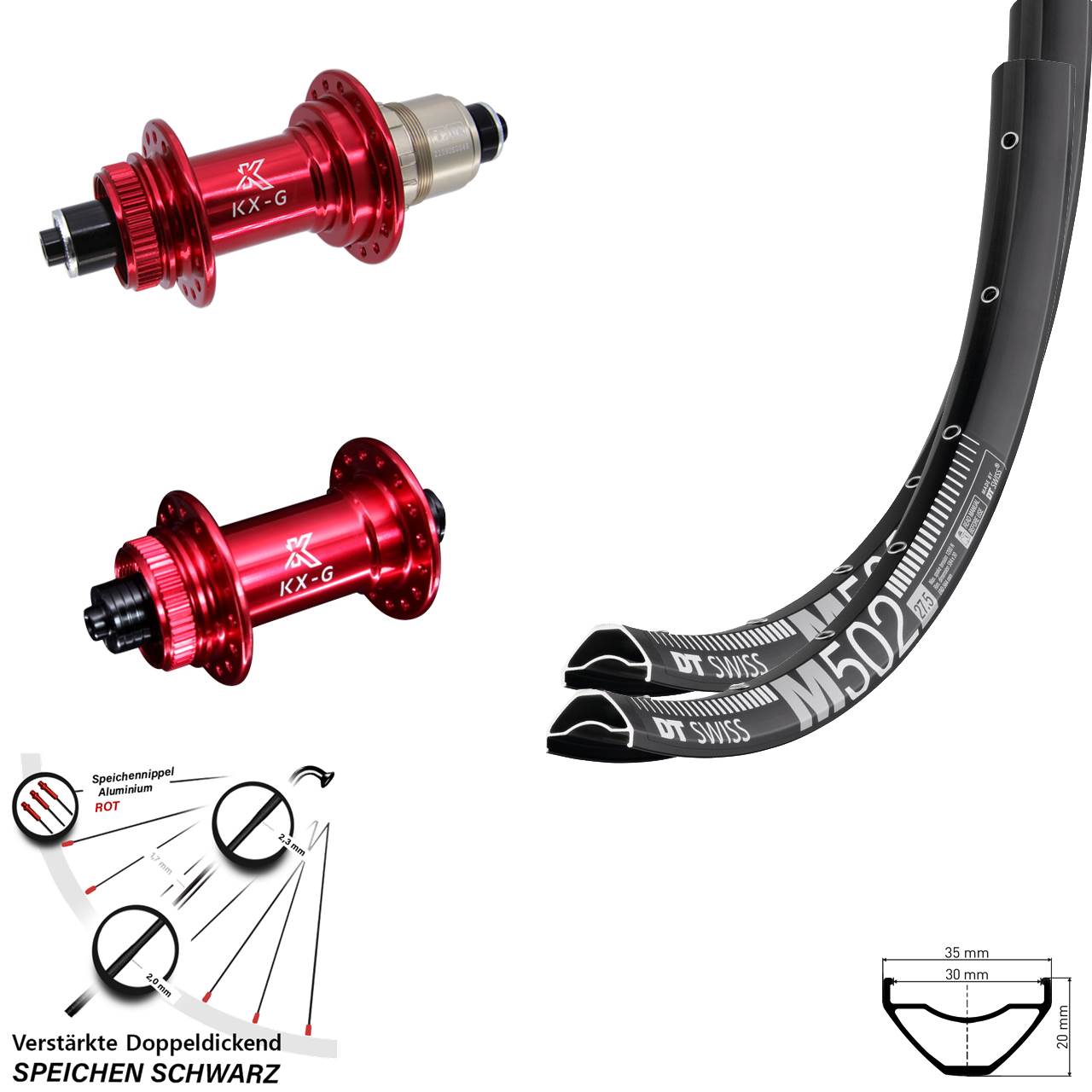 DT Swiss M502 KX-G rot 29 Zoll Disc Laufrad-Satz für Schnellspanner XDR