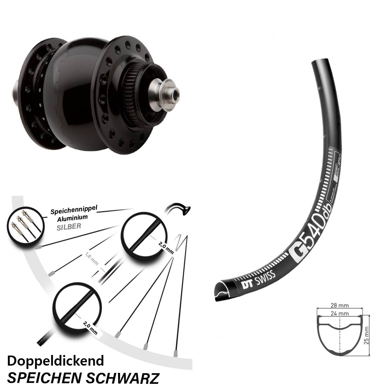 Disc Nabendynamo-Laufrad 27,5 Zoll DT Swiss G 540 SON 28 QR