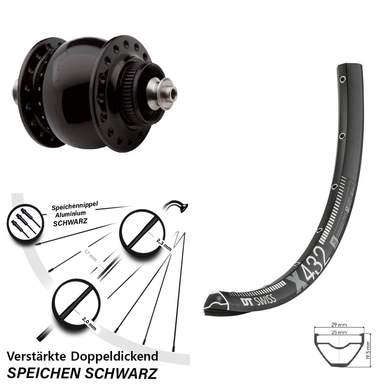 Disc Laufrad mit Nabendynamo QR 29 Zoll DT Swiss X432 SON 28