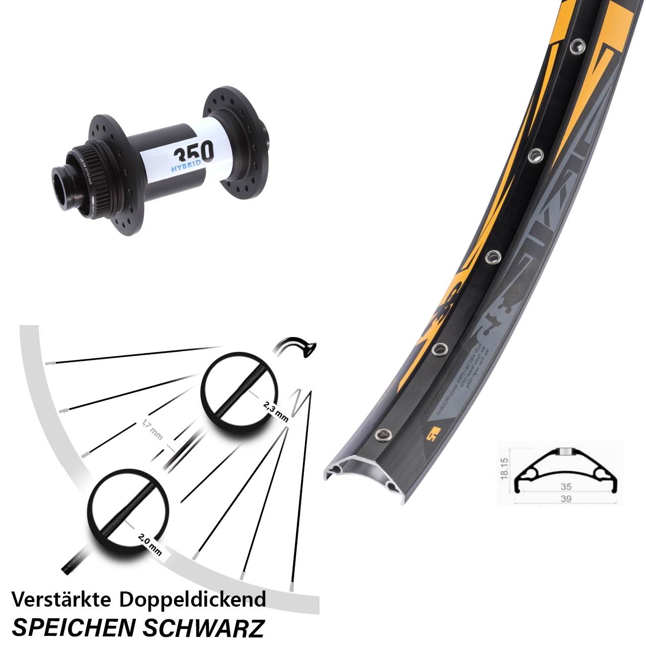 27,5 Zoll Rodi TRYP 35 DT Swiss 350 Hybrid Centerlock Vorderrad 15x110 Boost