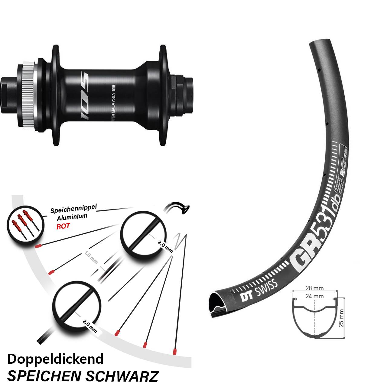 Vorderrad 27,5 Zoll DT Swiss GR 531 Shimano 105 Nabe 12x100 mm Steckachse