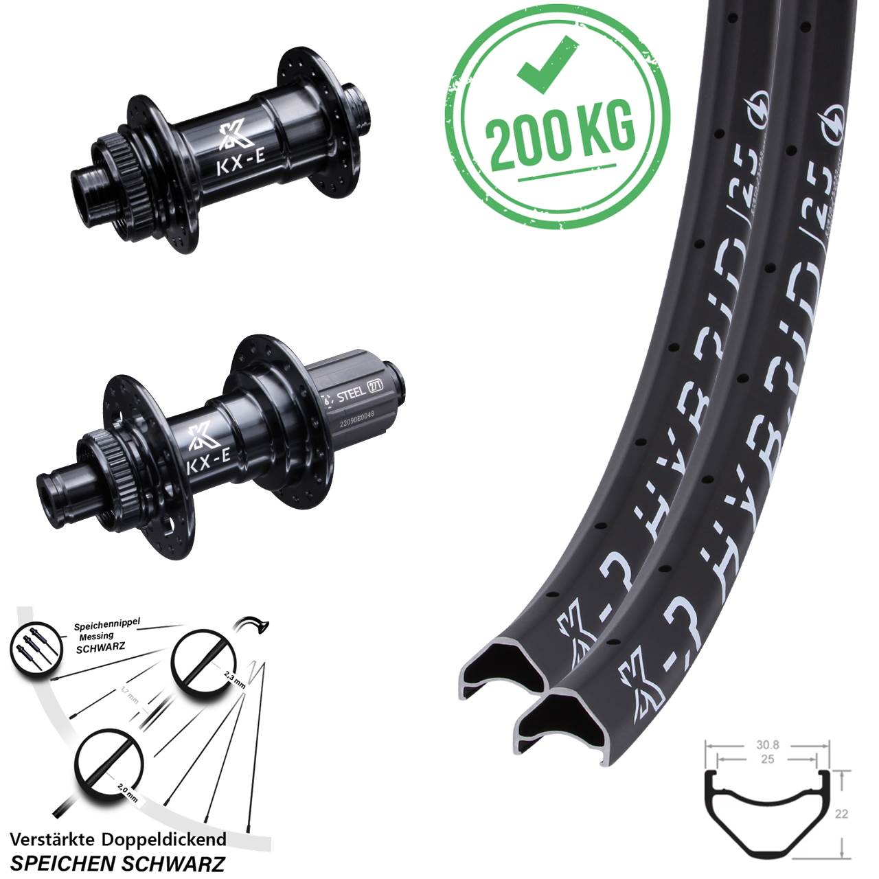 29 Zoll E-Bike Laufradsatz Steckachse KX-ER Hybrid 25 verstärkt Centerlock 8-12 fach