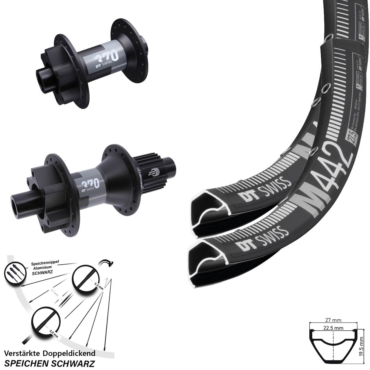 29 Zoll DT Swiss M 442-370 Laufradsatz 6-Loch 12x100/142 Shimano Micro Spline