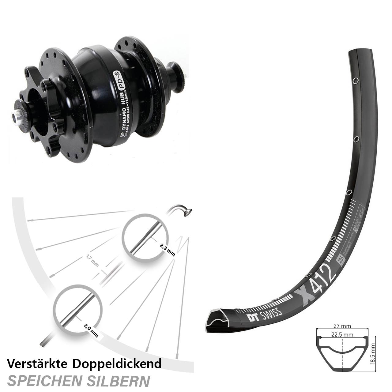 Vorderrad 28-29 Zoll DT Swiss X412 Shutter Precision 6-Loch Nabendynamo PD-8