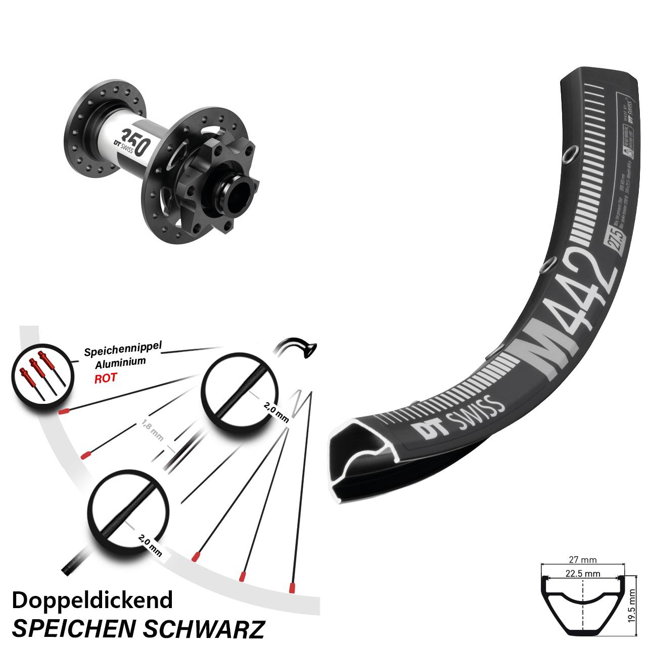 DT Swiss M 442 Disc 350 12x100 Vorderrad 28 Zoll schwarz
