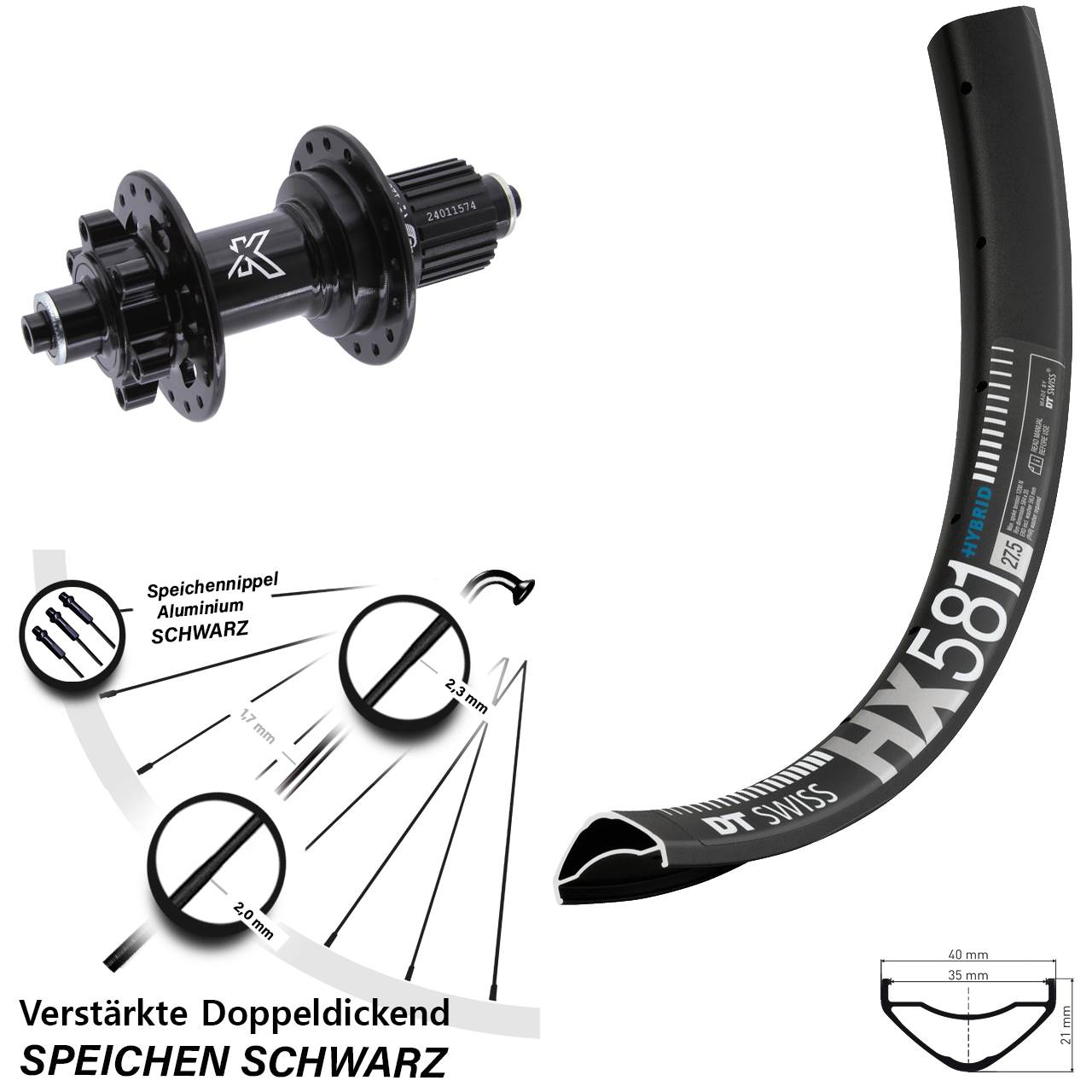 27,5 Zoll DT Swiss HX 581 KX-M Disc Laufrad für Schnellspanner Micro Spline