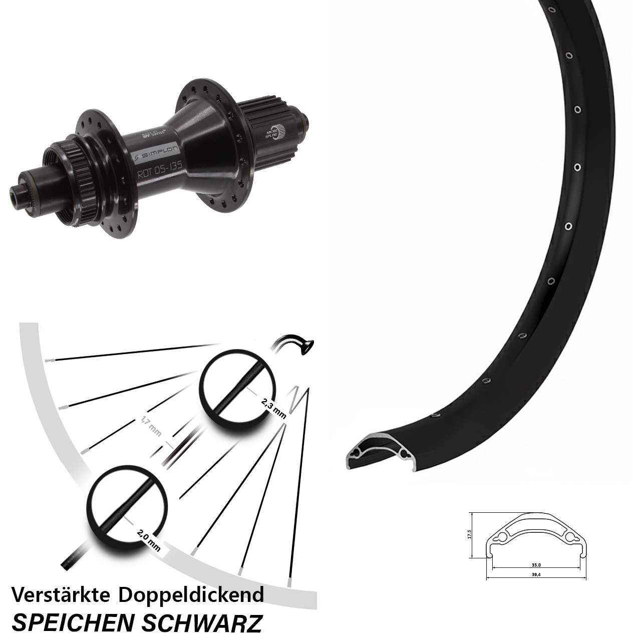 29 Zoll Ryde Disc 35 DT Swiss 370 Hybrid Hinterrad Centerlock QR Micro Spline