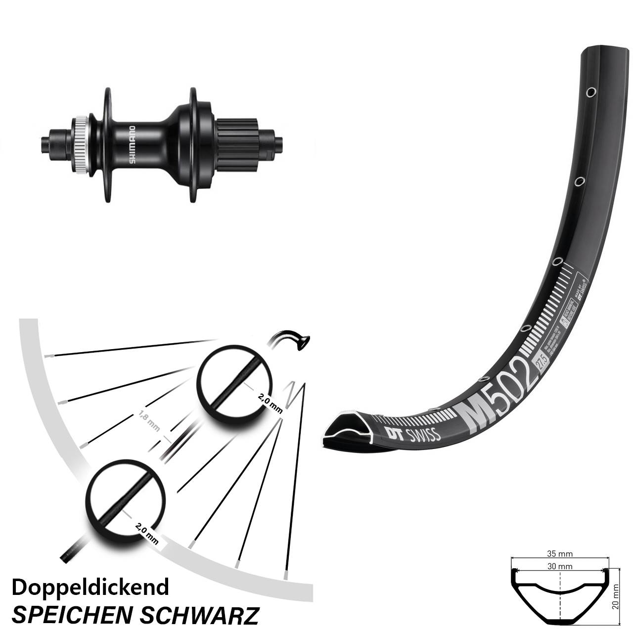 Hinterrad 27,5 Zoll DT Swiss M502 Shimano FH-MT500 5x135 Centerlock Micro Spline