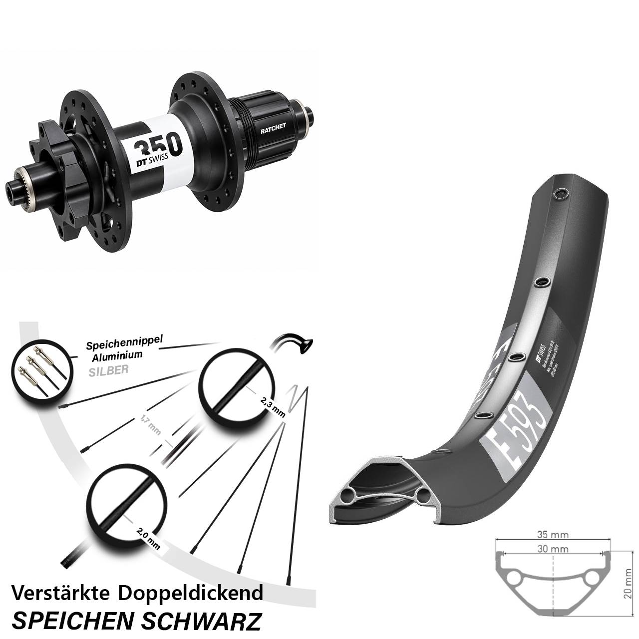 DT Swiss E 593-350 29 Zoll Hinterrad 6-Loch für Schnellspanner Boost XD