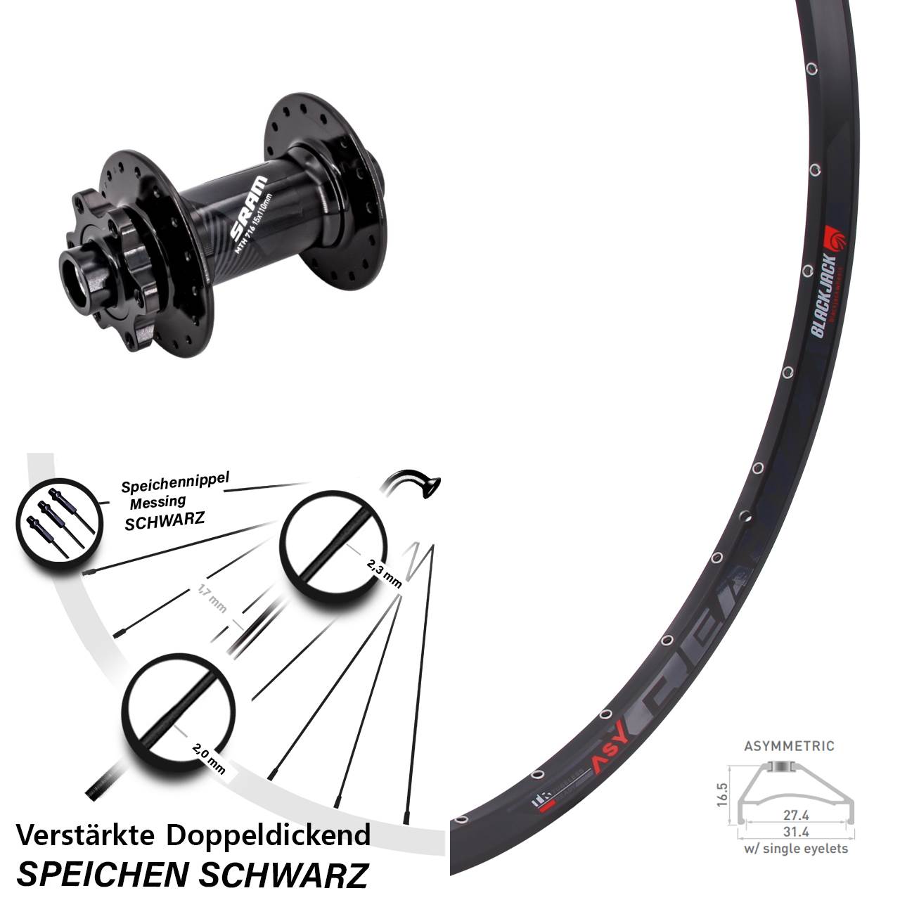 27,5 Zoll Rodi Ready 27 Sram 716 Disc Laufrad 15x110 Boost
