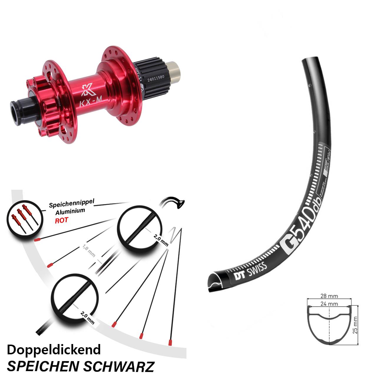 28 Zoll Hinterrad DT Swiss G 540 KX-M rot Micro Spline 12x142