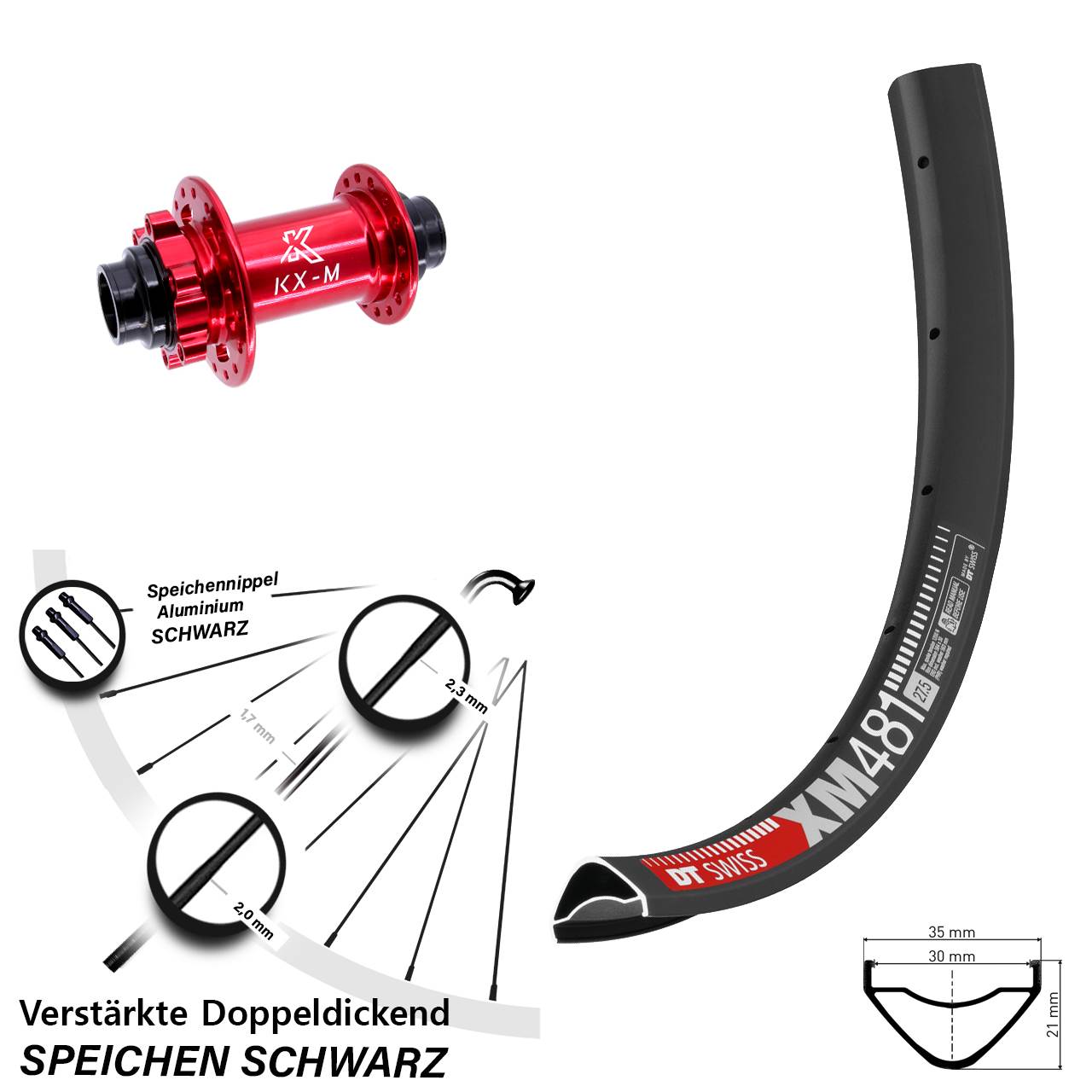 Vorderrad 6-Loch 20x110 (DH alt) 27,5 Zoll DT Swiss XM 481 KX-M rot