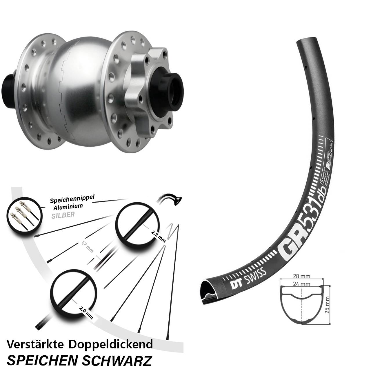 Disc Laufrad mit Nabendynamo 27,5 Zoll DT Swiss GR 531 SON 28 15x110 Boost