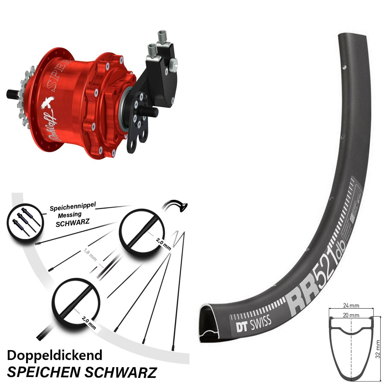 Hinterrad 28 Zoll DT Swiss RR 521 Disc Rohloff Speedhub 500/14 TS DB Tandem rot