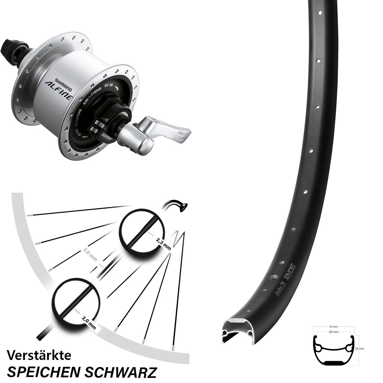 Nabendynamo-Vorderrad 28-29 Zoll Ryde Andra 25 Shimano Alfine DH-S501 5x100 Centerlock