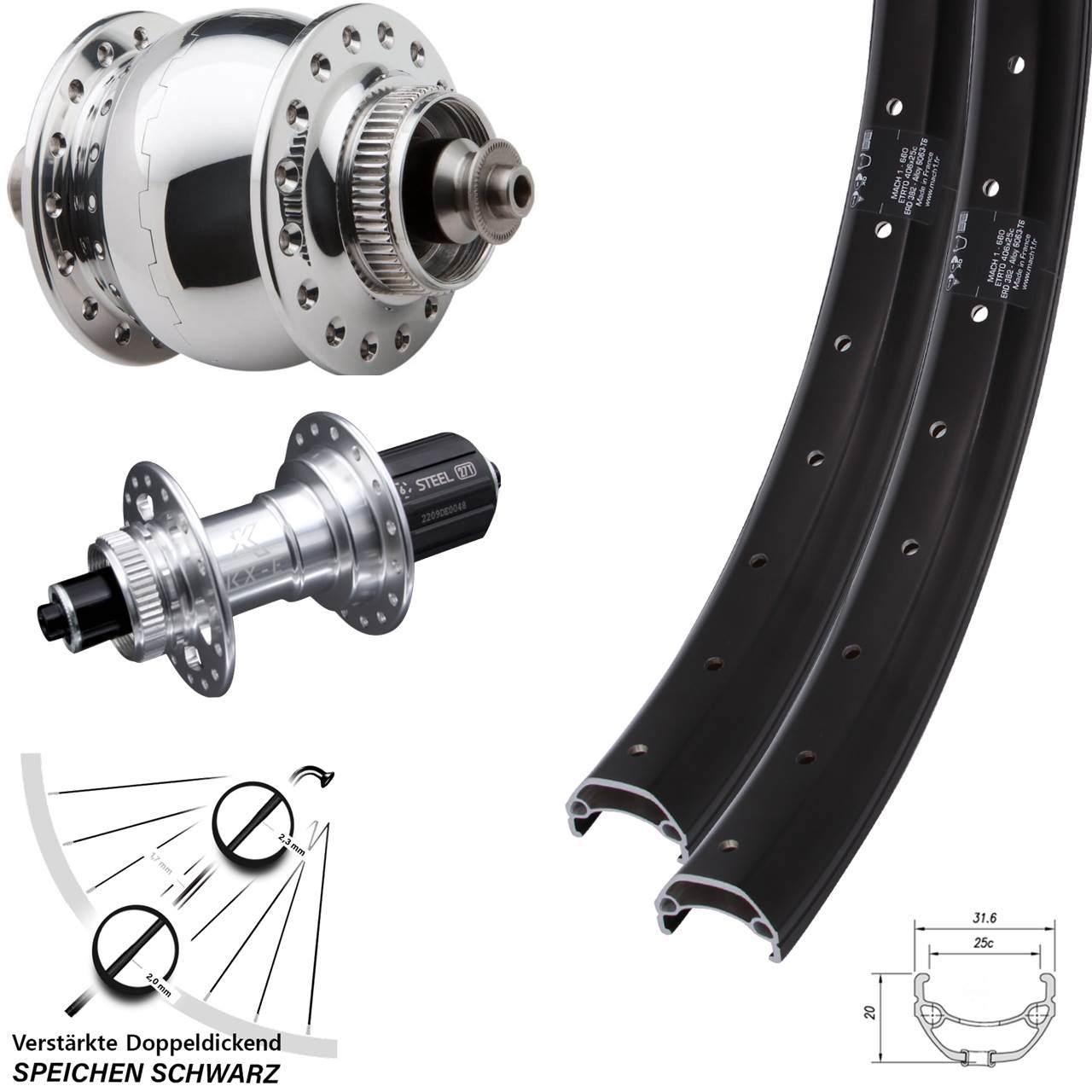 Centerlock Laufradsatz 20 Zoll Mach1 Kargo KX-E verstärkt SON 28 8-12 fach QR