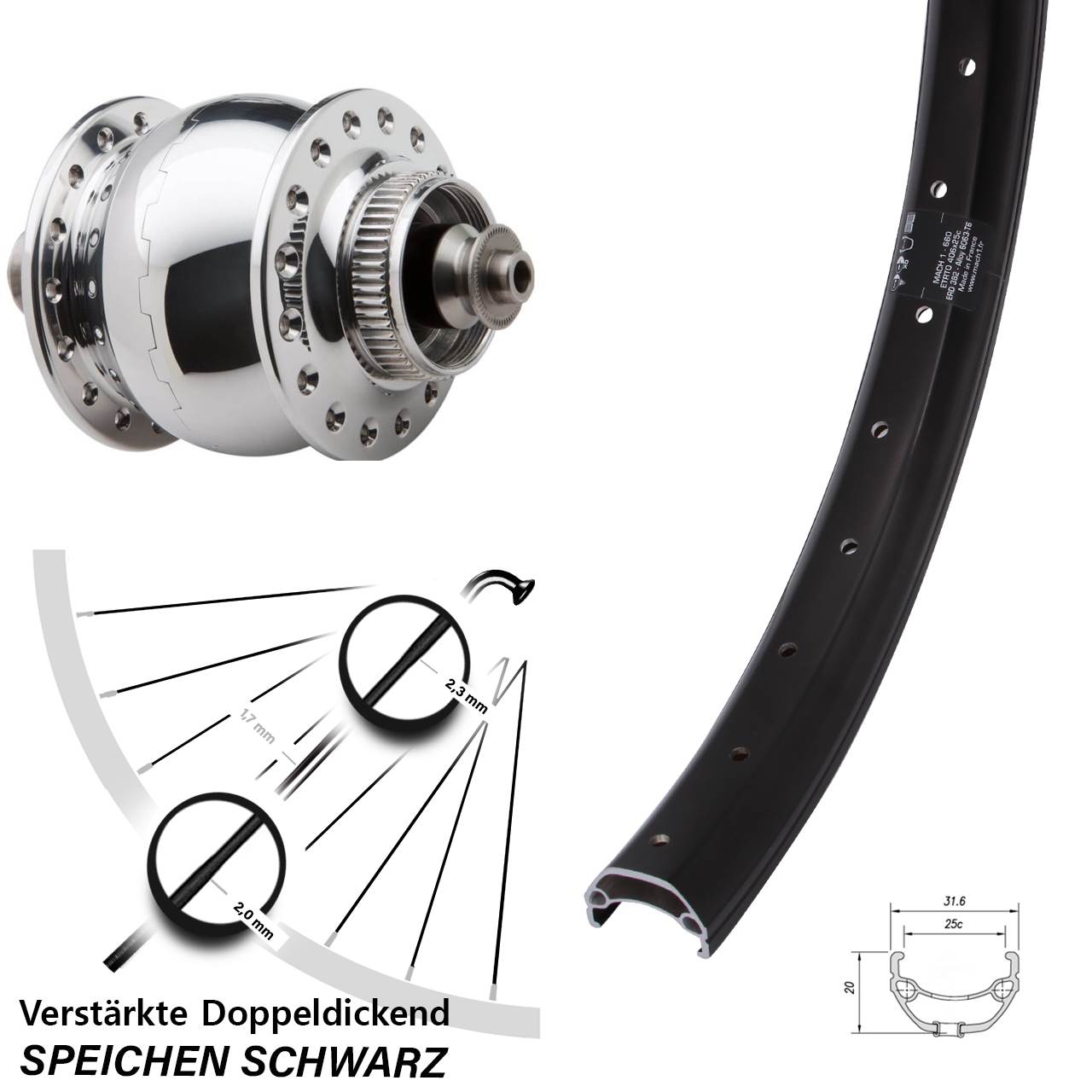 Disc Vorderrad mit Nabendynamo für Schnellspanner 20 Zoll Mach1 Kargo SON 28 poliert