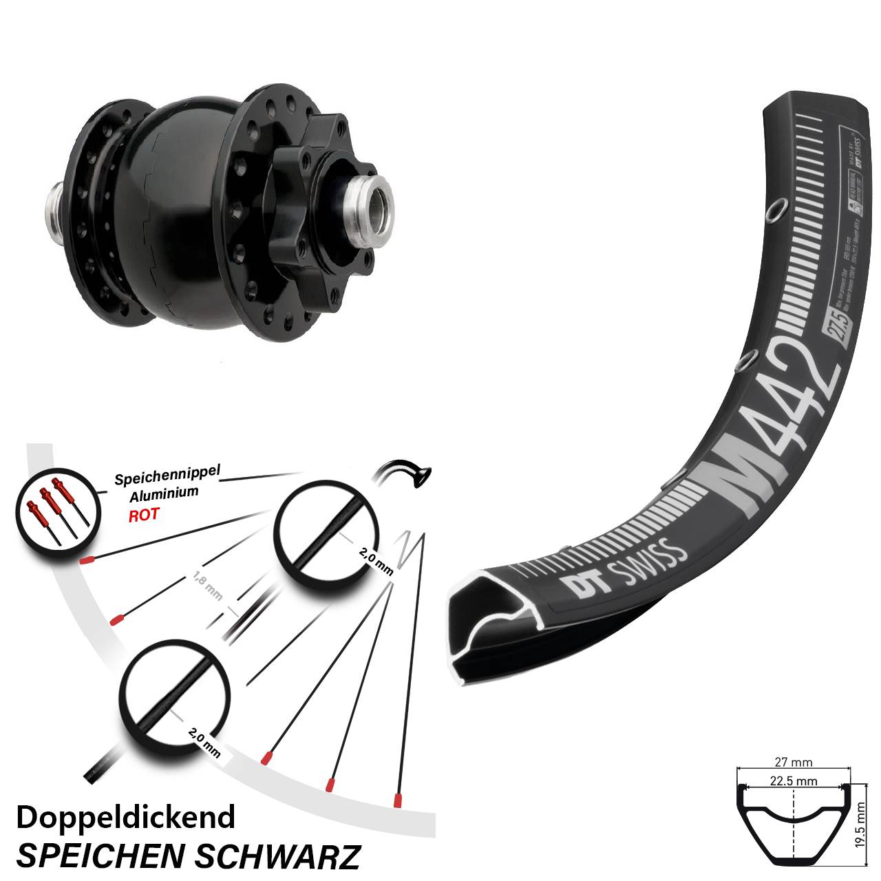 DT Swiss M442 SON 28 Zoll Dynamo-Vorderrad 6-Loch 12x100