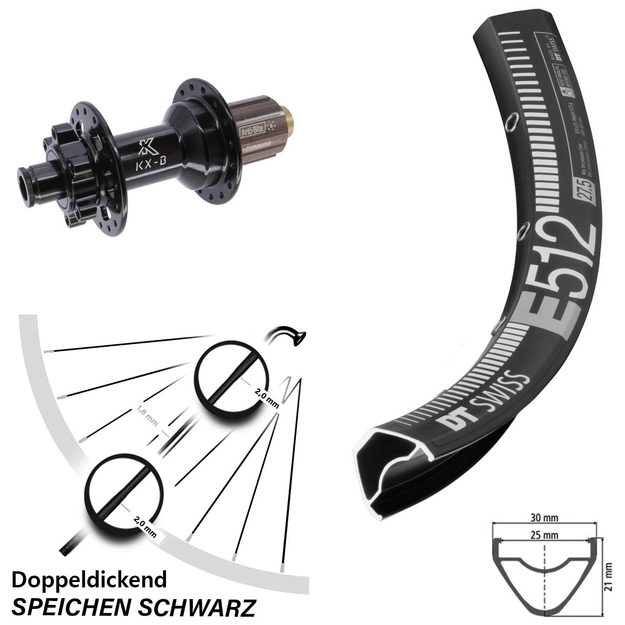 DT Swiss E 512 27,5 Zoll Hinterrad KX-B 6-Loch 12x148