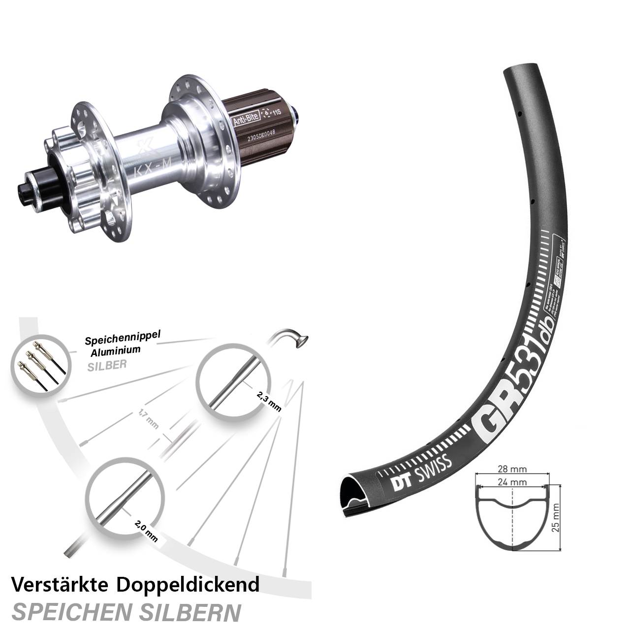 DT Swiss GR531 KX-M 27,5 Zoll 6-Loch Hinterrad für Schnellspanner 8-12 fach HG