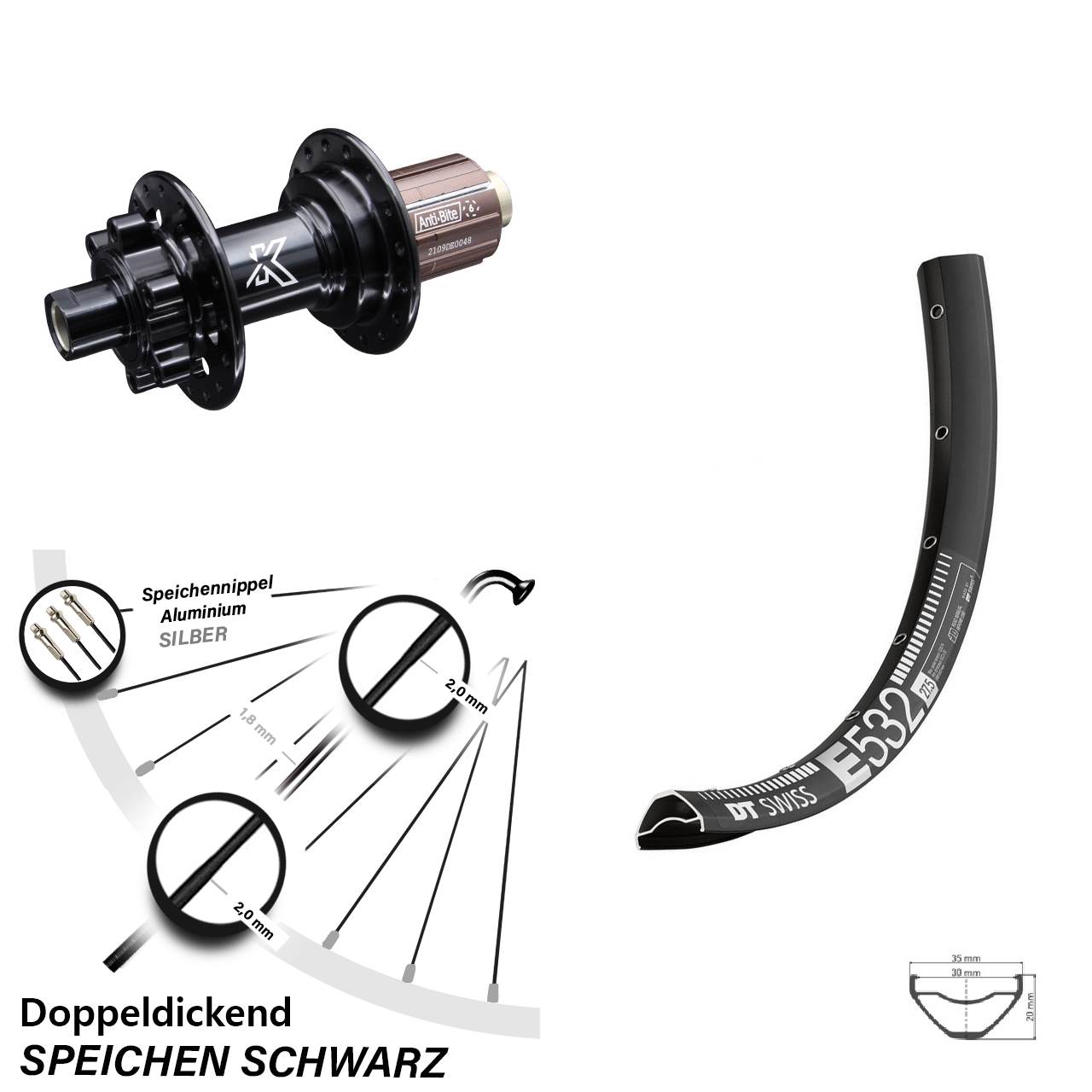 DT Swiss E 532 27,5 Zoll Hinterrad KX-M 8-12 fach 12x142