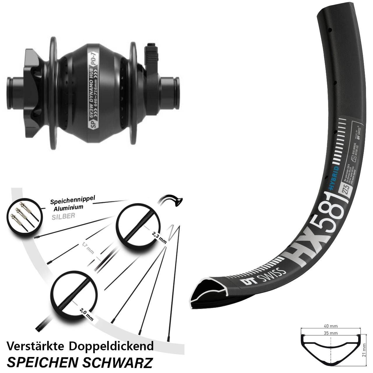 6-Loch Dynamo-Vorderrad 27,5 Zoll DT Swiss HX 581 Shutter PD-7 12x100