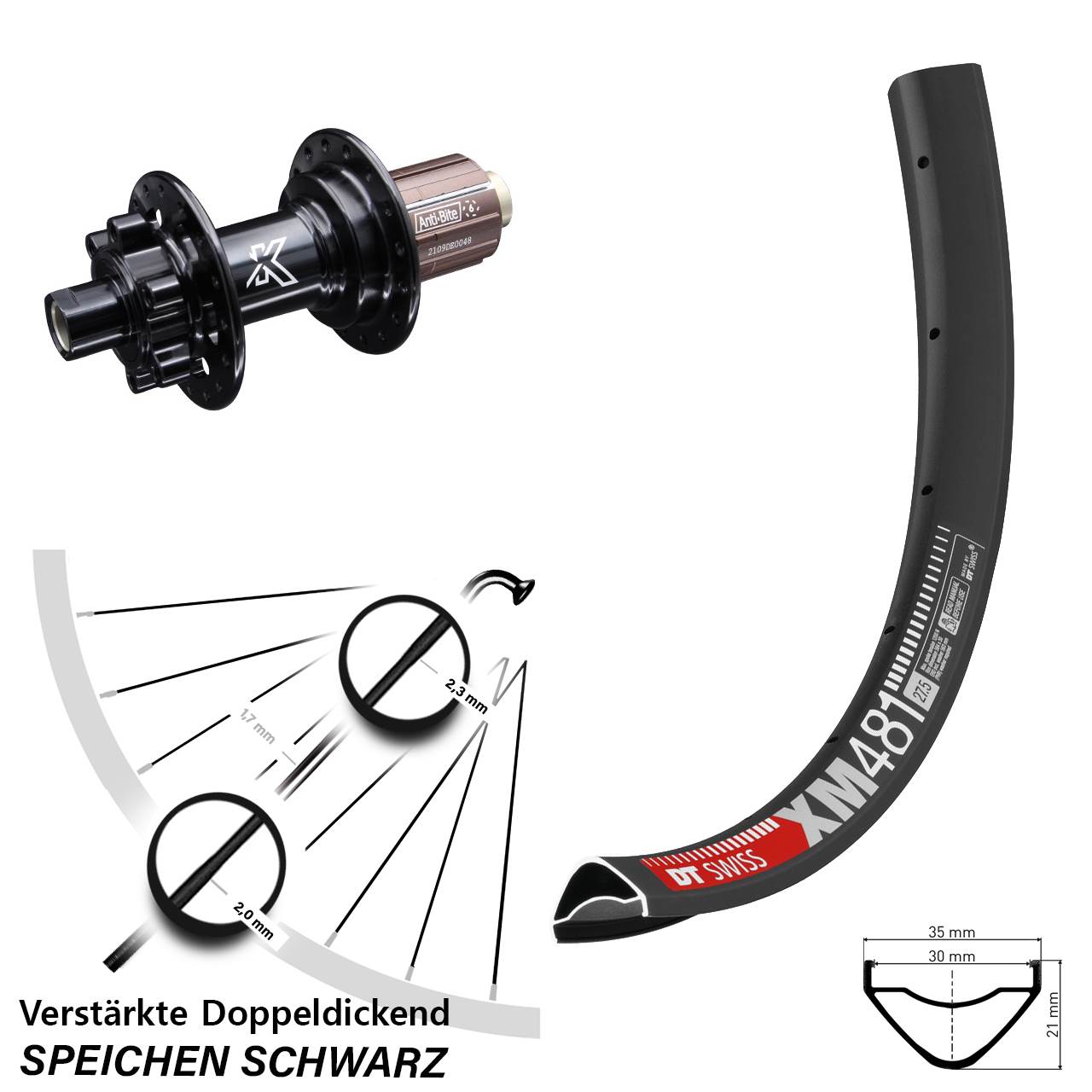 6-Loch Hinterrad 27,5 Zoll DT Swiss XM 481 KX-M Shimano Anti-Bite 8-12 fach HG 12x142