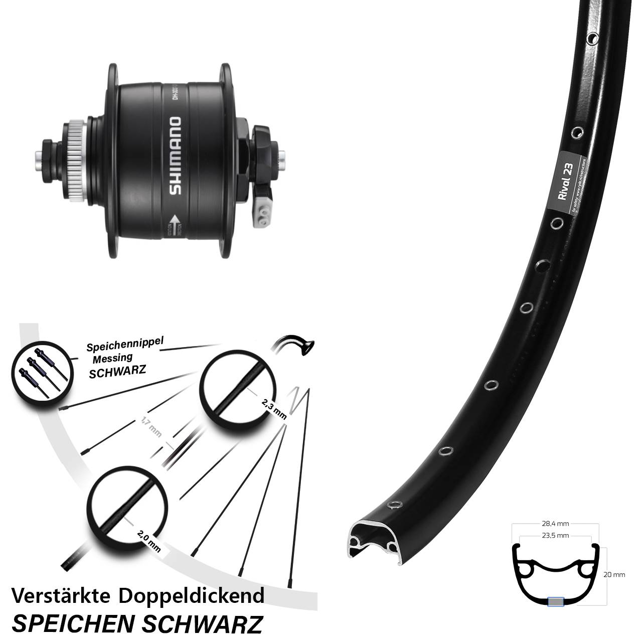 650B Ryde Rival 23 Shimano DH-3D37 Centerlock Vorderrad mit Nabendynamo für Schnellspanner