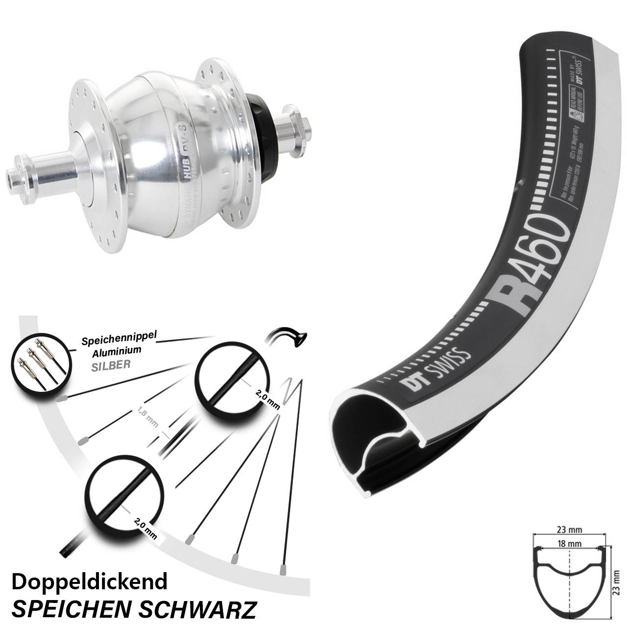 Nabendynamolaufrad 28 Zoll DT Swiss R460 Shutter Precision PV-8 für Schnellspanner
