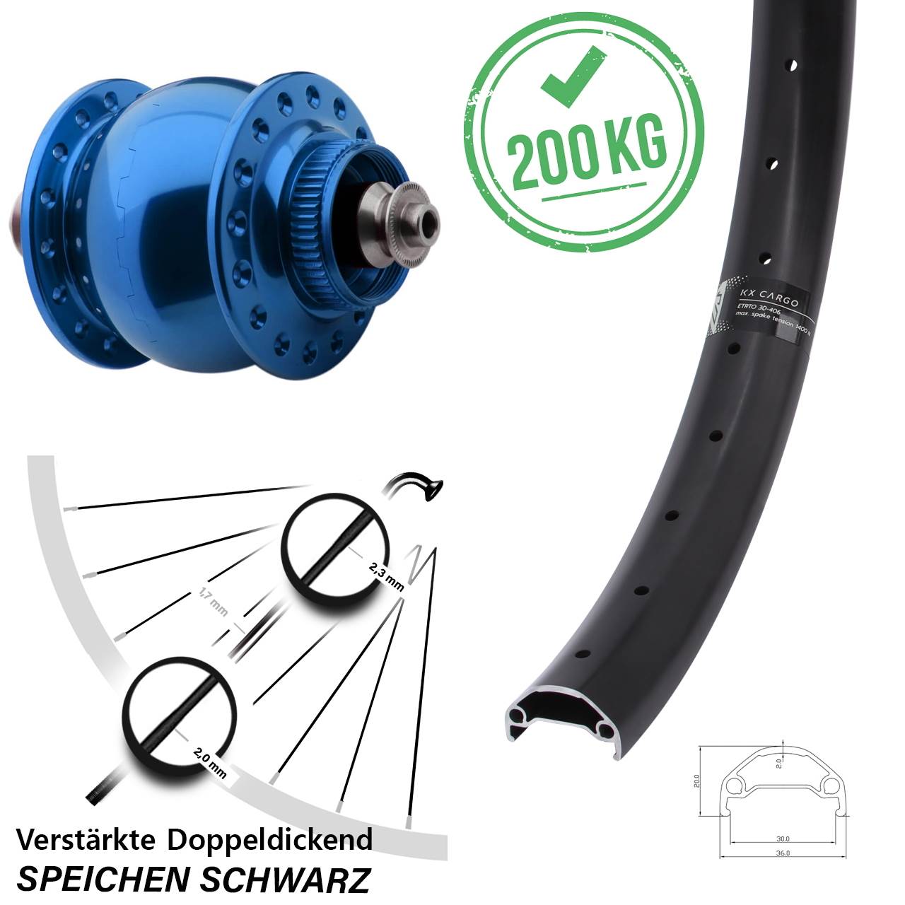 26 Zoll KX Cargo SON 28 blau Dynamo-Vorderrad Centerlock QR