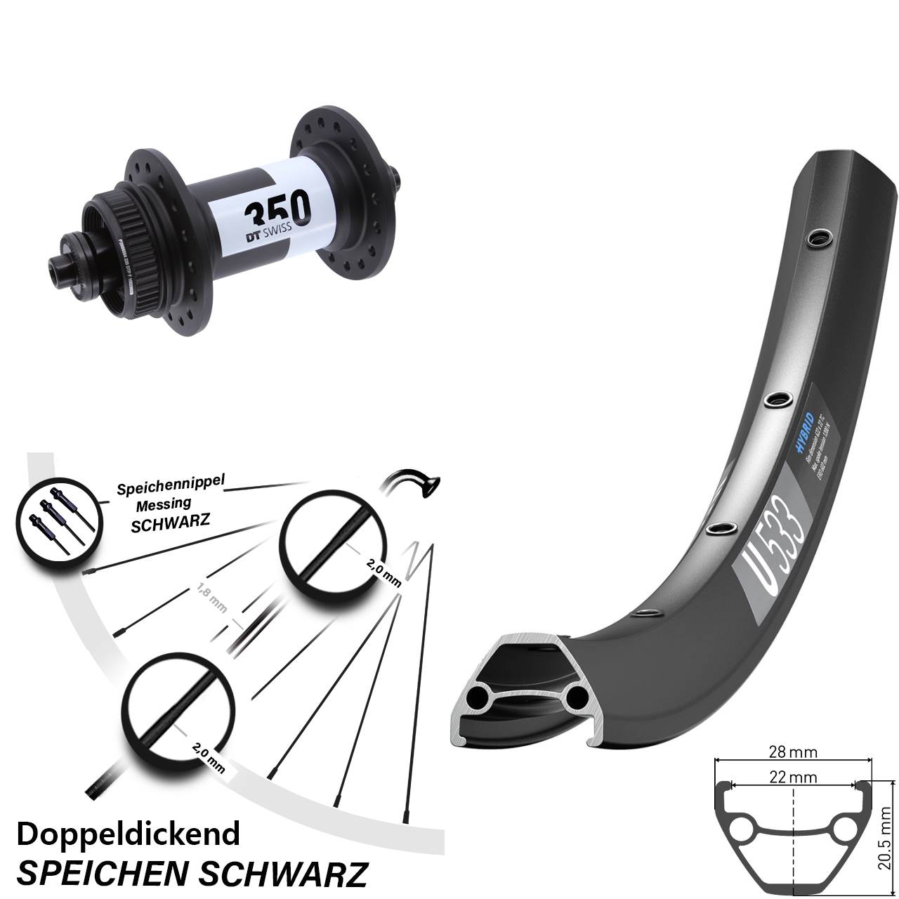 26 Zoll DT Swiss U533-350 Disc Laufrad für Schnellspanner