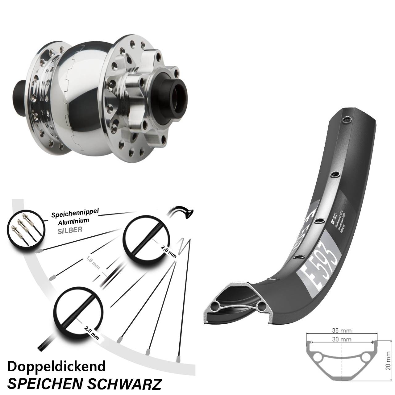 650B DT Swiss E593 SON 28 poliert Dynamo-Vorderrad 6-Loch 15x100