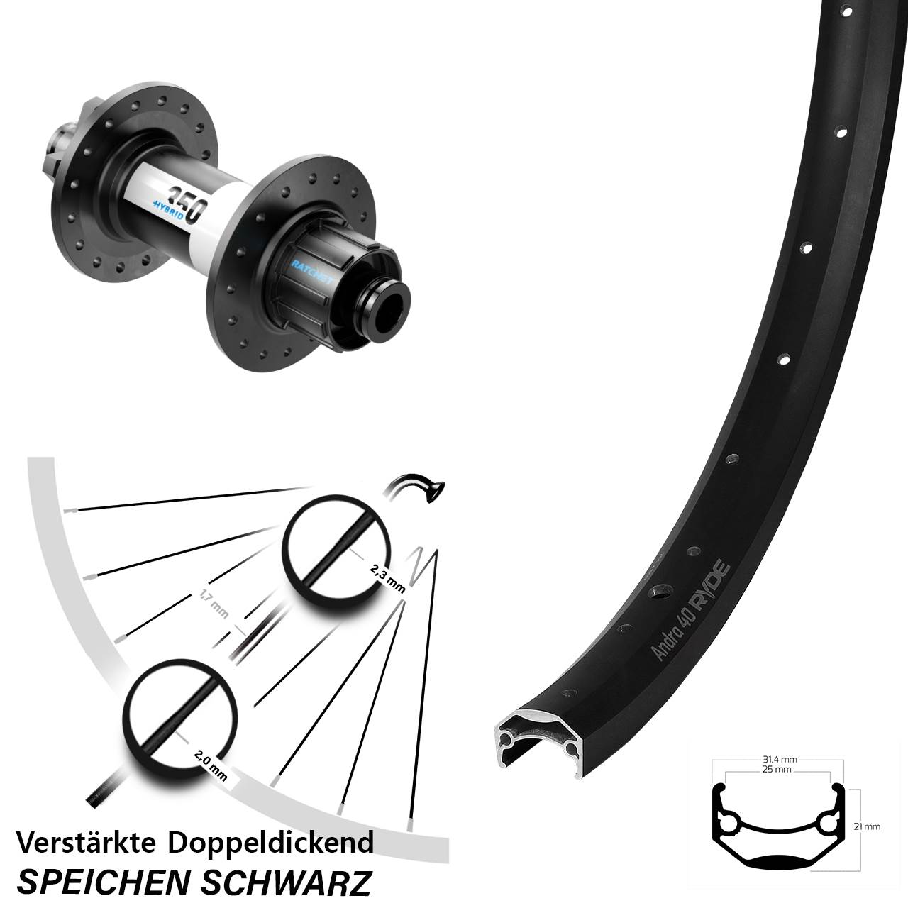 Hinterrad 20 Zoll Ryde Andra 40 DT Swiss 350 Hybrid Singlespeed 12x142 6-Loch