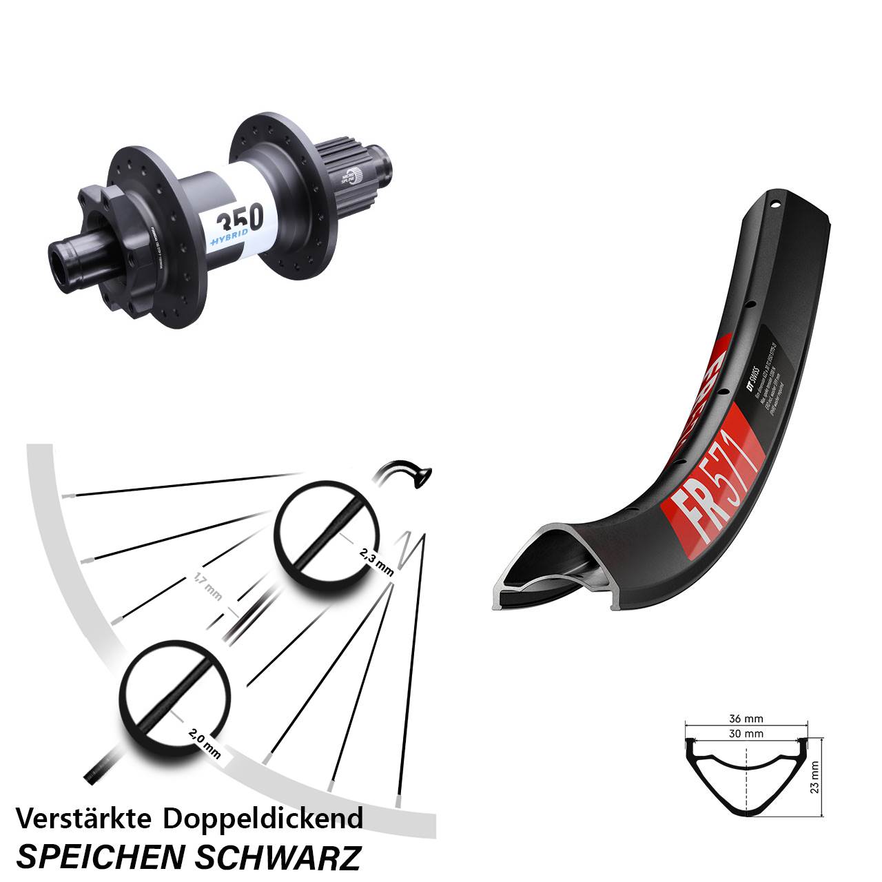 27,5 Zoll DT Swiss FR 571 Hybrid 350 6-Loch Hinterrad 12x148 Micro Spline