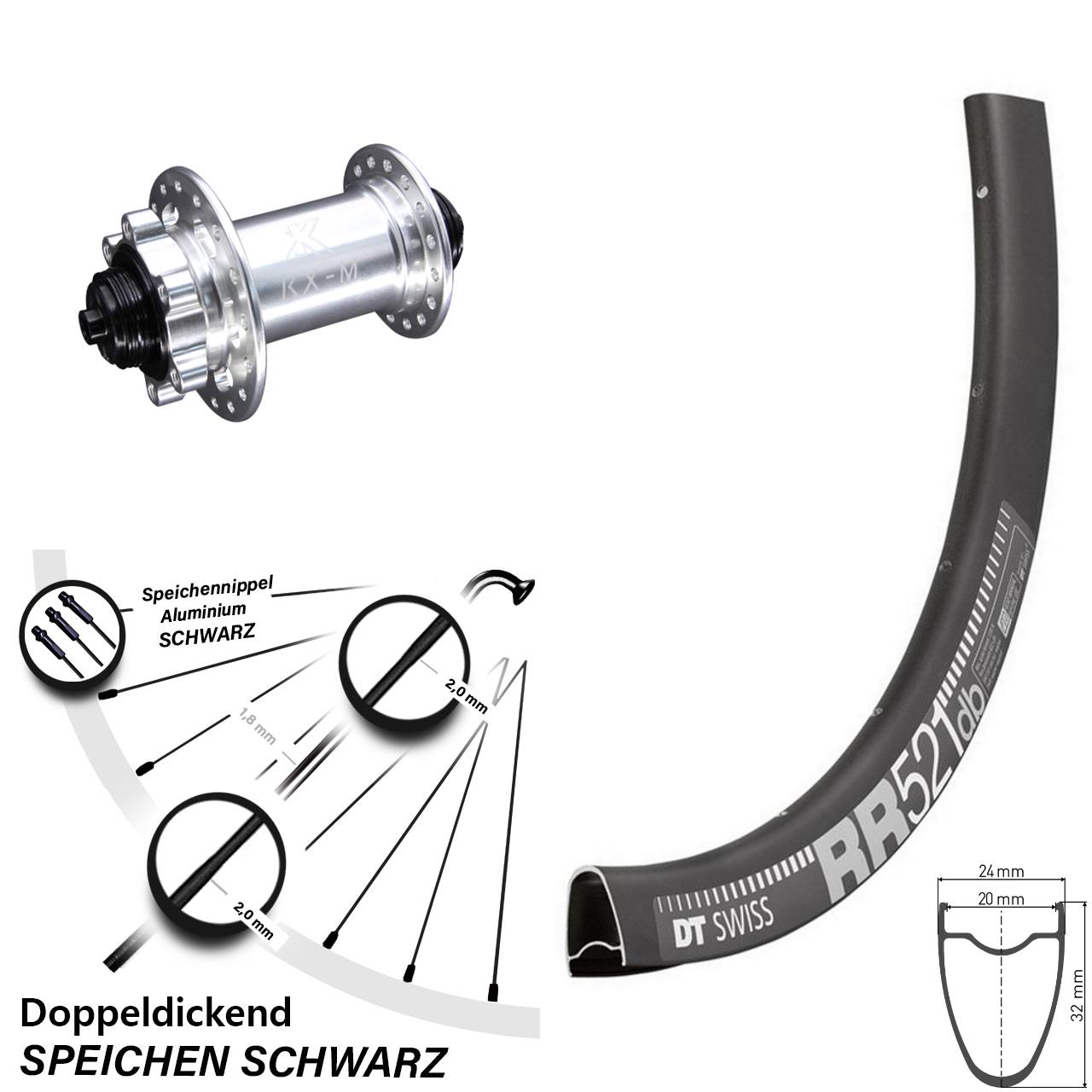 Laufrad 28 Zoll DT Swiss RR521 Disc KX-M 6-Loch 5/100 silbern