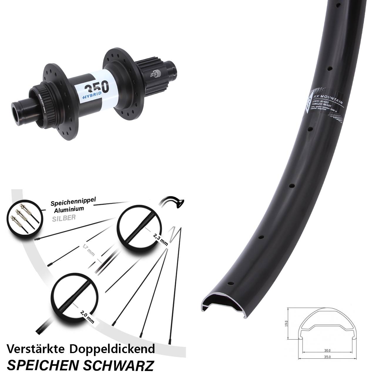 KX Mountain DT Swiss 350 Hybrid 29 Zoll Hinterrad Centerlock Boost Micro Spline