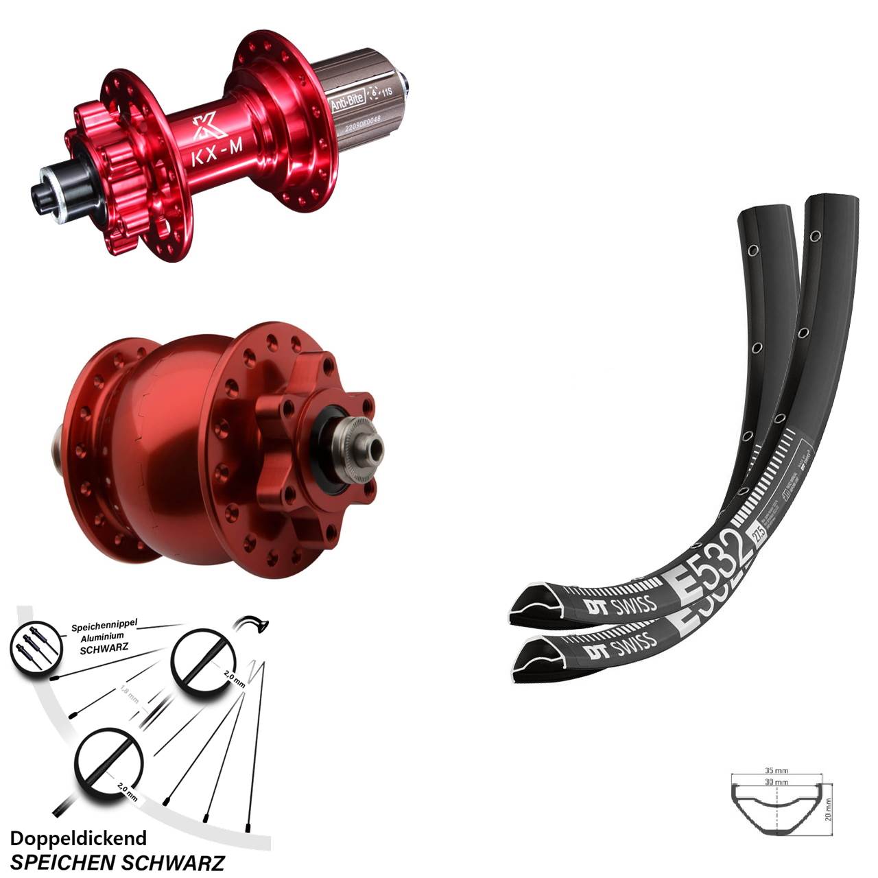 Laufrad-Satz QR 29 Zoll DT Swiss E 532 KX-M rot Disc 6-Loch SON 28 8-12 fach