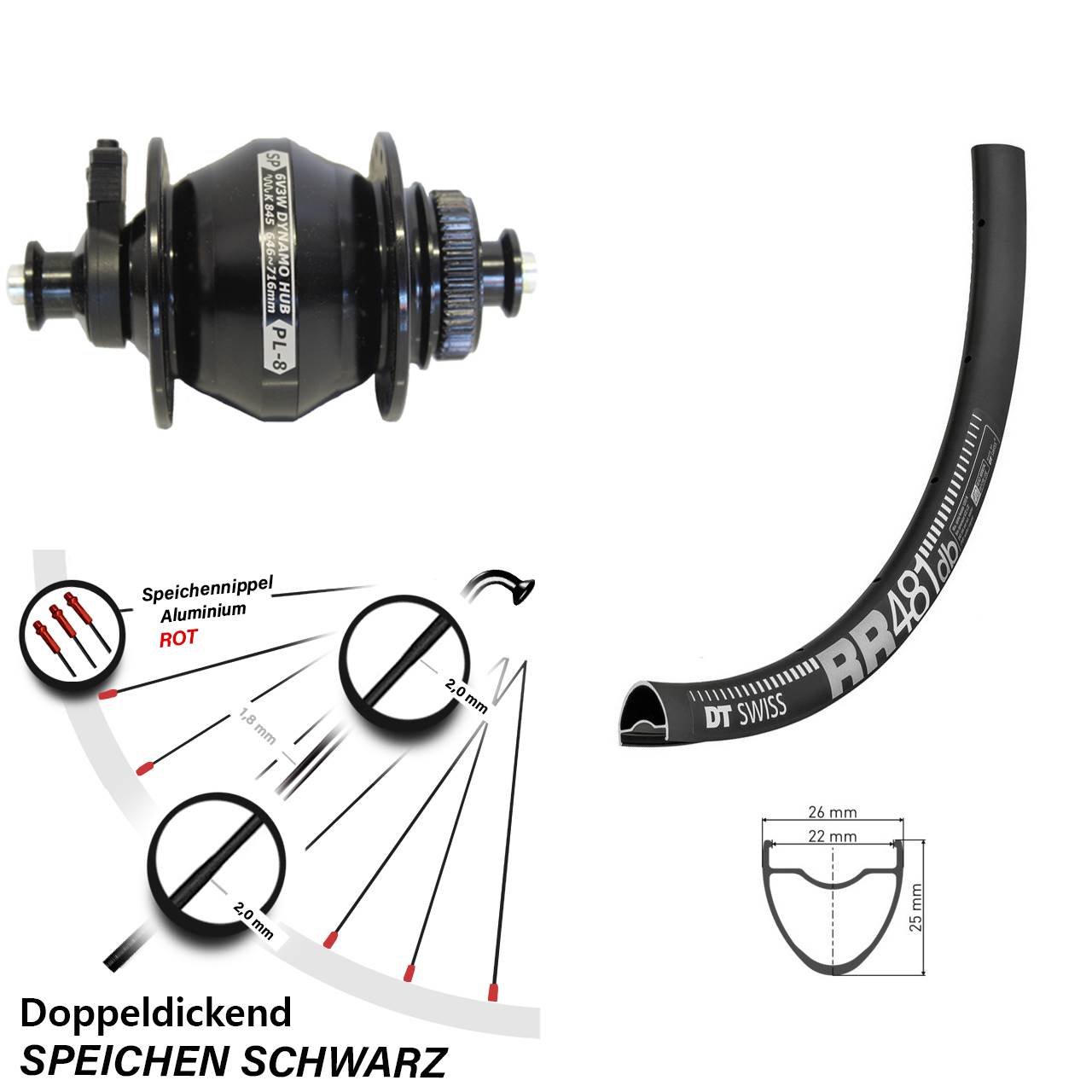 Centerlock Dynamo-Vorderrad QR 28 Zoll DT Swiss RR 481 Shutter PL-8