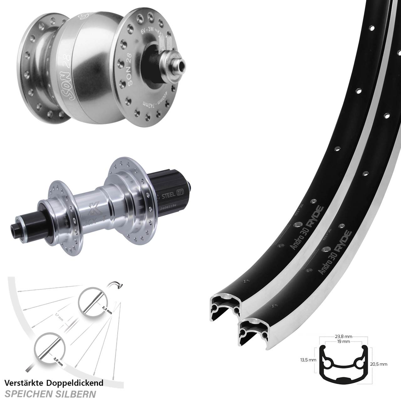 Laufrad-Satz QR 28 Zoll Ryde Andra 30 KX-TS Heavy Duty SON 28 8-12 fach