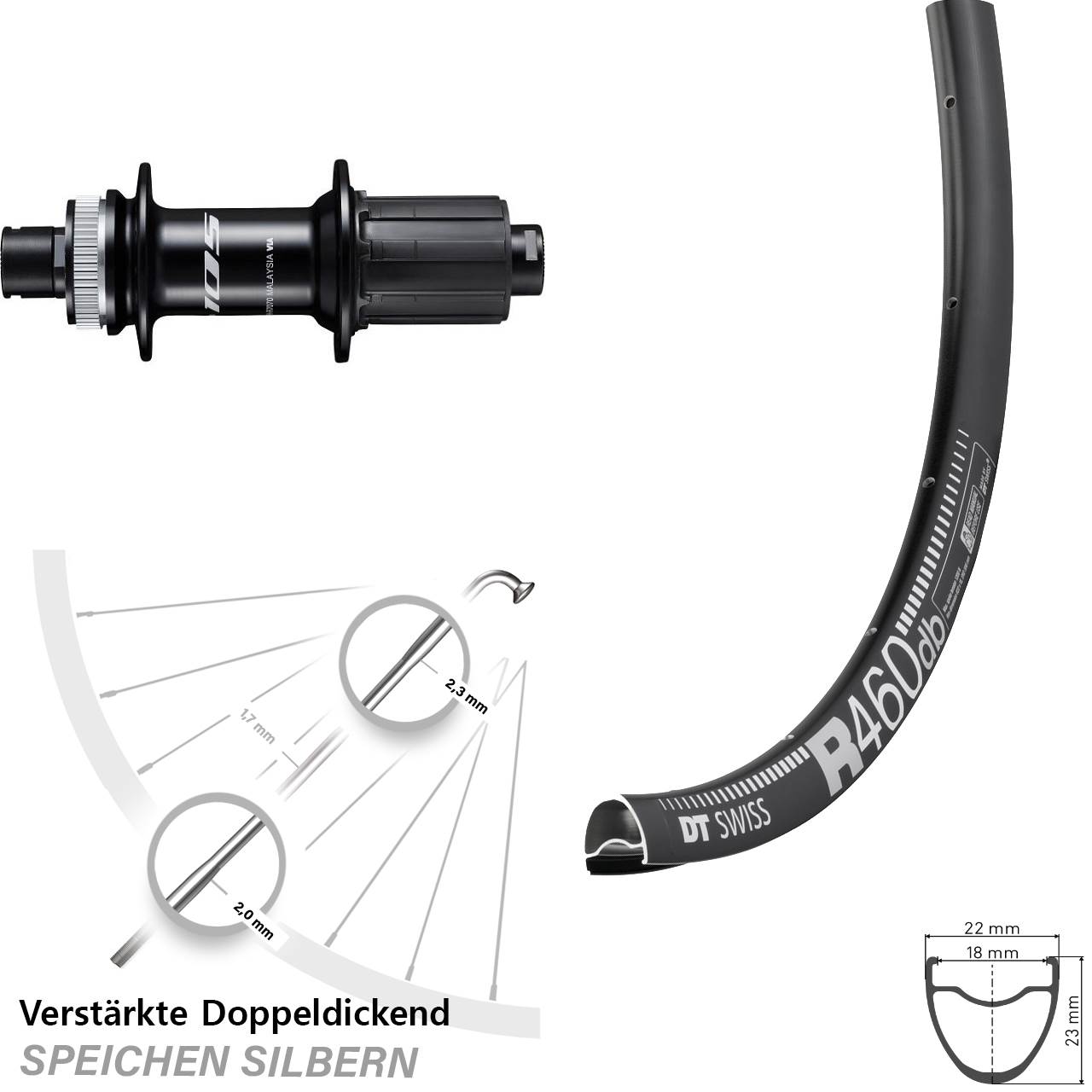 DT Swiss R 460 Shimano 105 28 Zoll Disc Hinterrad 12x142 8-12 fach