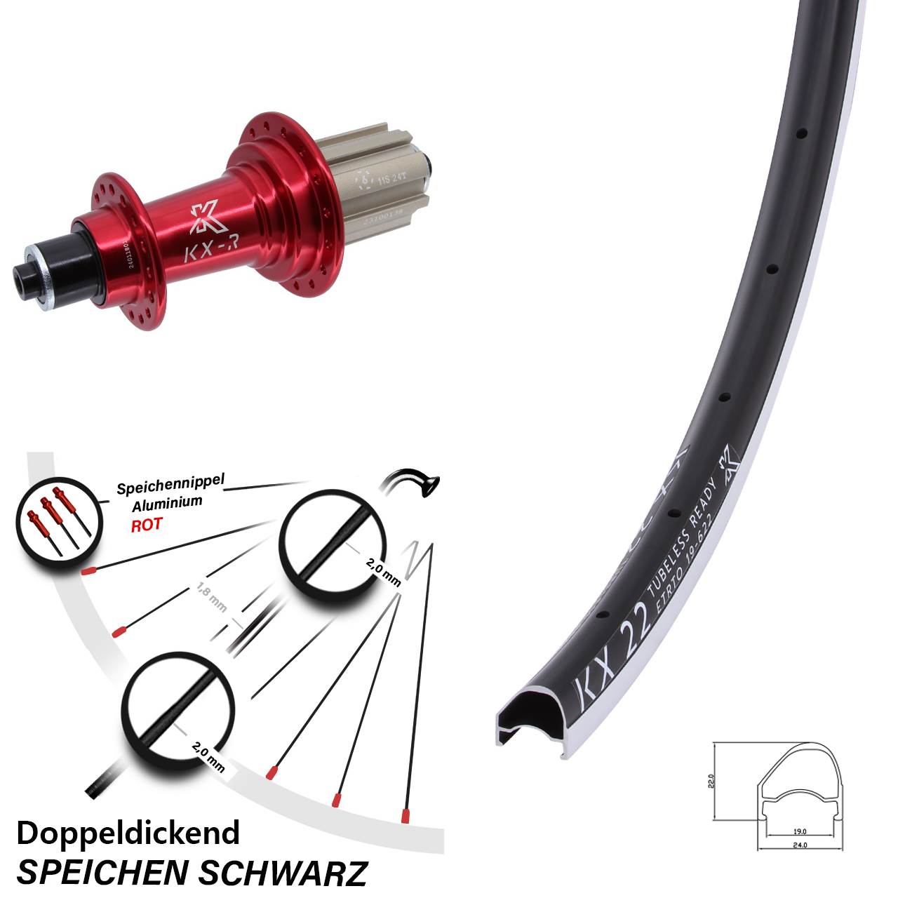 Hinterrad 28 Zoll KX 22 OS KX-R rot Campa 8-12 fach QR