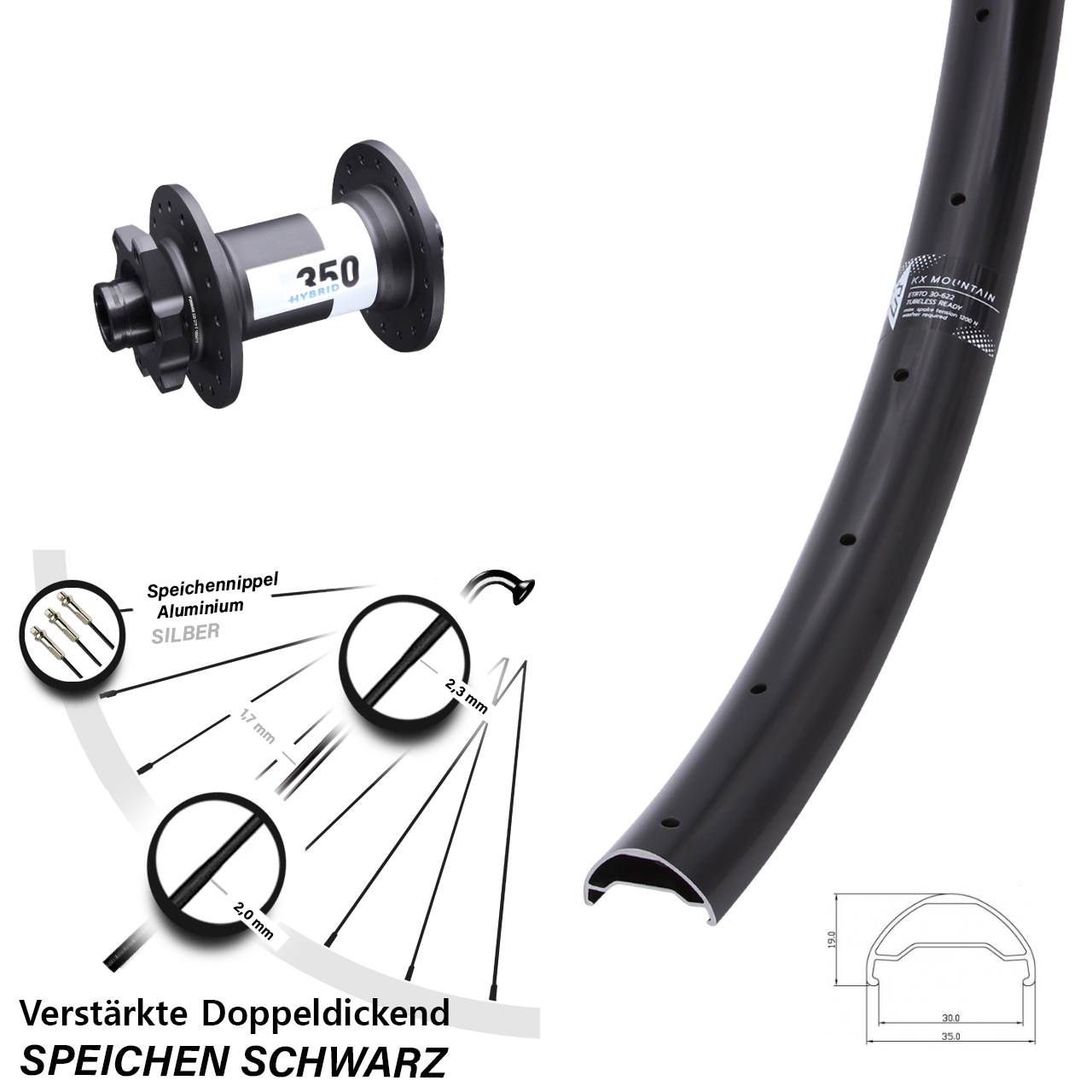 DT Swiss 350 Hybrid Boost KX Mountain TR Vorderrad 29 Zoll E-bike