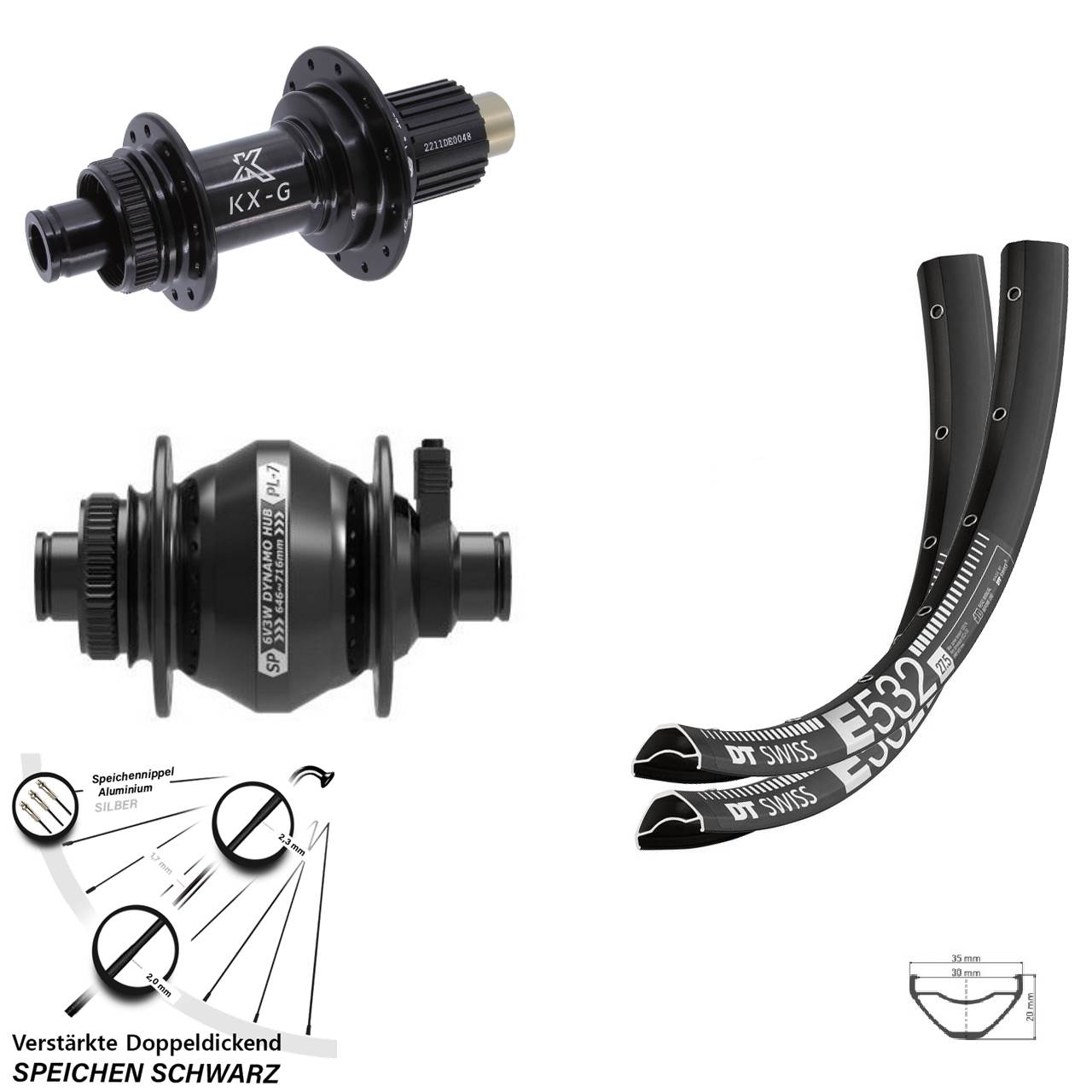 27,5 Zoll DT Swiss E532 KX-G Steckachse SP PL-7 Laufradsatz Disc 12x100/142 Micro Spline